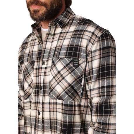Chemise en coton écrue, noire et marron à motif écossais avec un col à rabats - Image 3