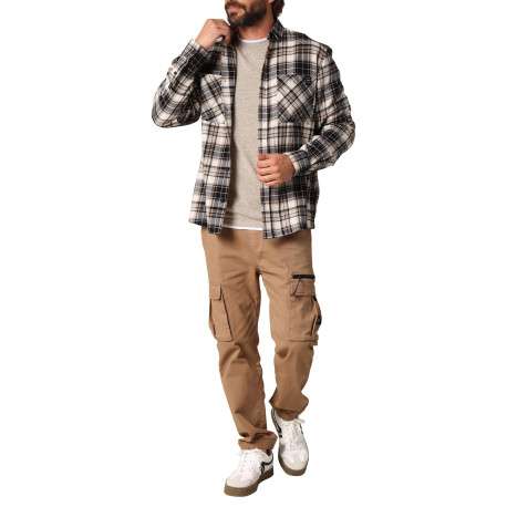 Chemise en coton écrue, noire et marron à motif écossais avec un col à rabats - Image 4