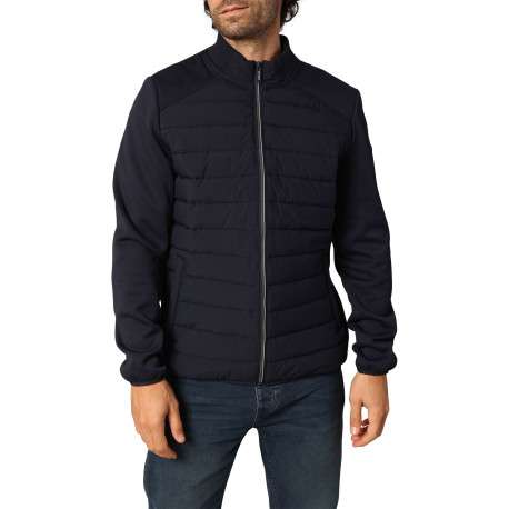 Blouson marine avec un col montant zippé et logo de la marque sur une manche