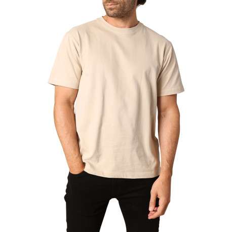 T-shirt en coton beige uni avec un col rond et des manches courtes