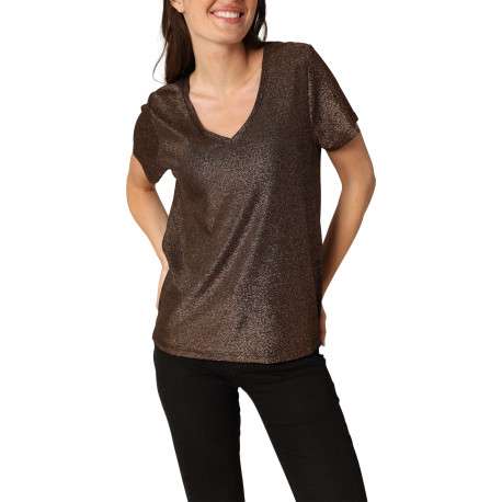 T-shirt bronze incrusté de fils lurex avec un col v et des manches courtes