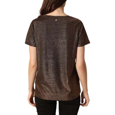 T-shirt bronze incrusté de fils lurex avec un col v et des manches courtes - Image 2