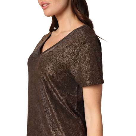T-shirt bronze incrusté de fils lurex avec un col v et des manches courtes - Image 3