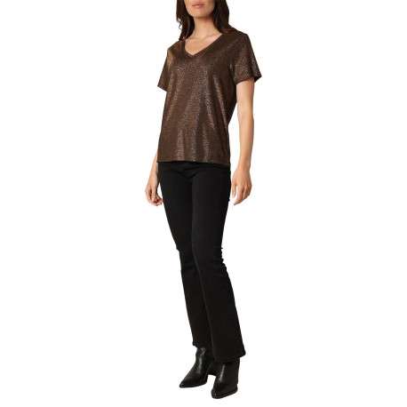 T-shirt bronze incrusté de fils lurex avec un col v et des manches courtes - Image 4