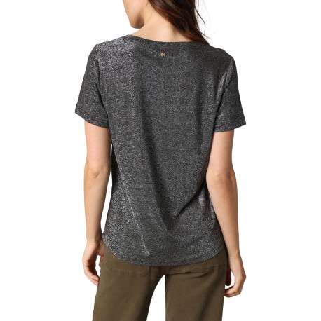 T-shirt argenté incrusté de fils lurex avec un col v et des manches courtes - Image 2