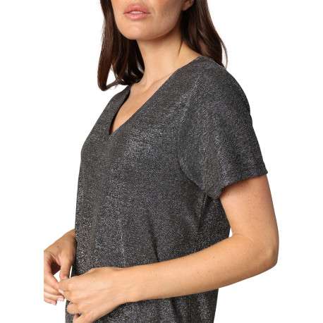 T-shirt argenté incrusté de fils lurex avec un col v et des manches courtes - Image 3