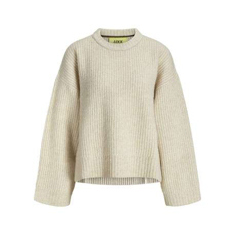 Pull beige uni en maille avec une coupe oversize et un col rond