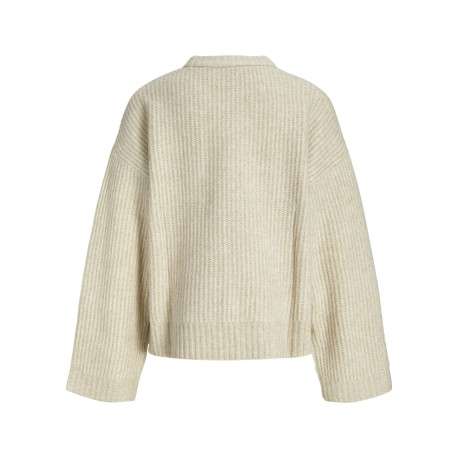 Pull beige uni en maille avec une coupe oversize et un col rond - Image 2