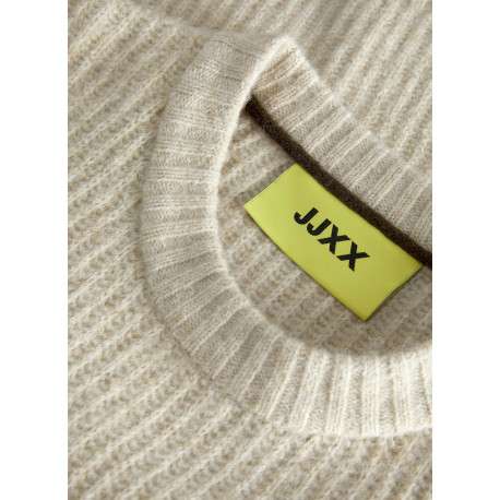 Pull beige uni en maille avec une coupe oversize et un col rond - Image 3