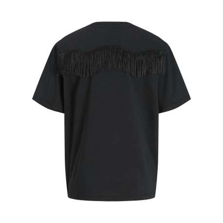 T-shirt en coton noir uni avec des franges au dos à coupe oversize et col rond - Image 2