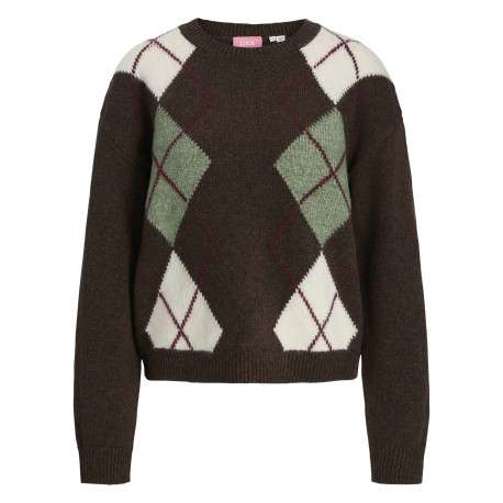 Pull marron en maille doux à losanges avec un col rond et une coupe droite
