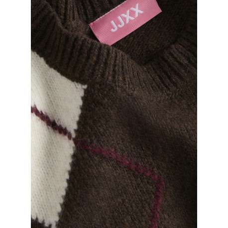 Pull marron en maille doux à losanges avec un col rond et une coupe droite - Image 3