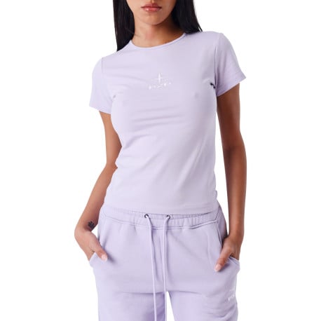 Top mauve uni col rond avec une coupe crop et à manches courtes