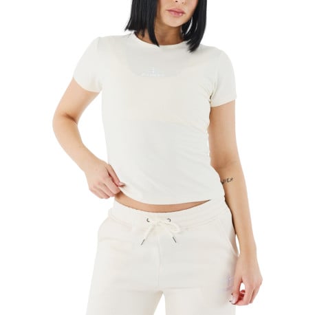 Top écru uni col rond avec une coupe crop et à manches courtes