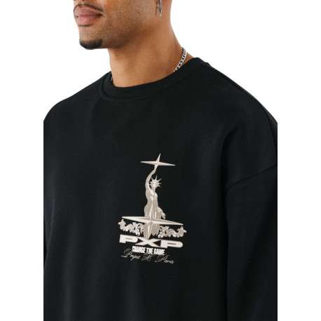 Sweat noir uni avec un imprimé sur la poitrine et un col rond - Image 4