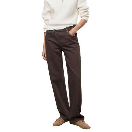 Jean en coton marron uni 5 poches à coupe droite et taille mi-haute - Image 3