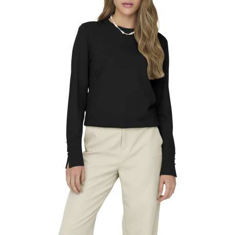 Pull noir uni à col rond avec des strass à l'extrémité des manches - Image 3