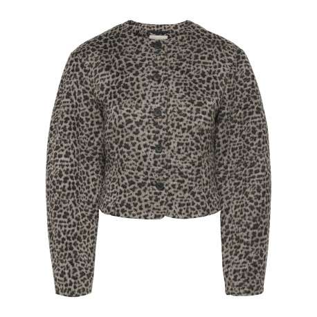 Veste léopard courte en maille douce avec un col rond et des manches amples