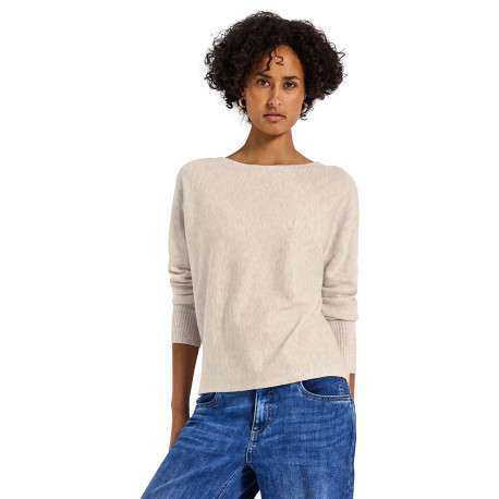 Pull beige uni avec une coupe droite à col rond et des manches longues - Image 2