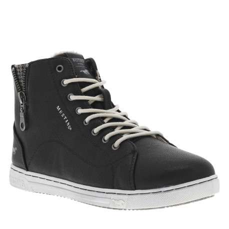 Baskets noires montantes à talon plat avec des lacets ronds blancs - Image 3