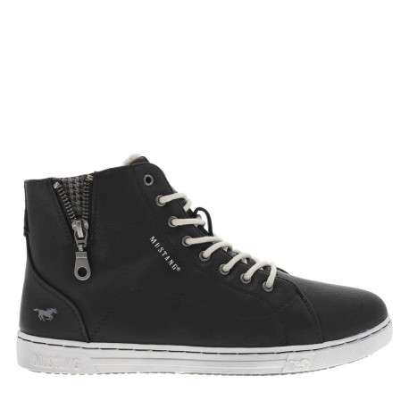 Baskets noires montantes à talon plat avec des lacets ronds blancs - Image 2