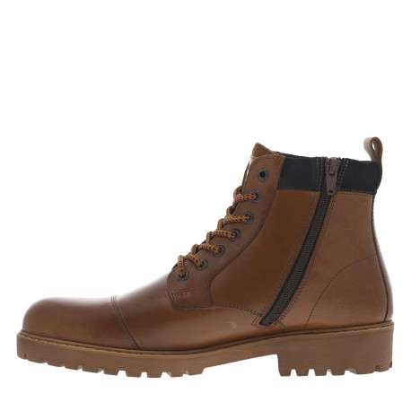 Bottines en cuir cognac à talon décroché bas avec zip et lacets ronds