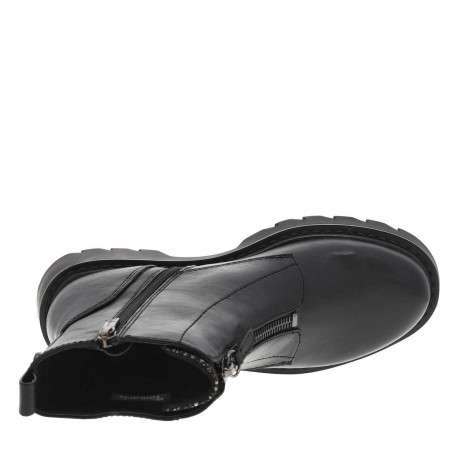 Boots noires à talon plat avec une fermeture zippée centrale et latérale - Image 4