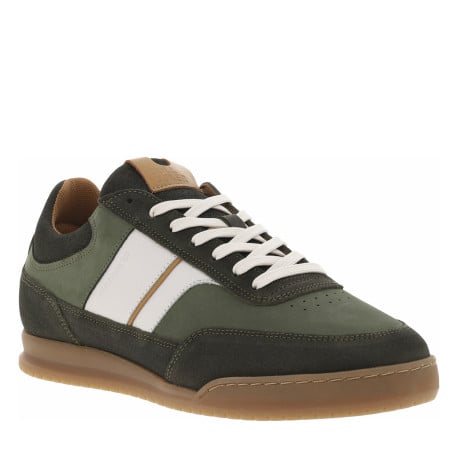 Tennis en cuir kaki à talon plat avec des lacets plats blancs