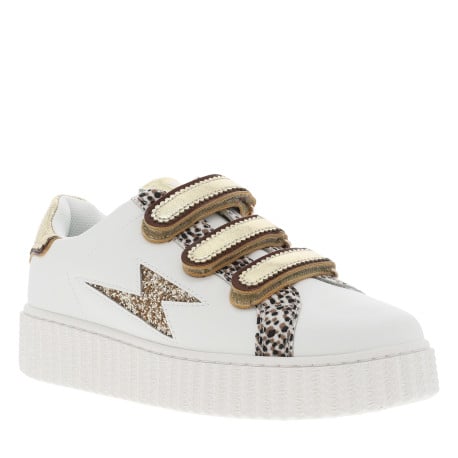 Tennis blanches et or avec bandes auto-agrippantes et logo de la marque