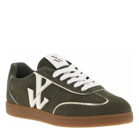 Tennis blanches et kaki avec lacets plats et logo de la marque