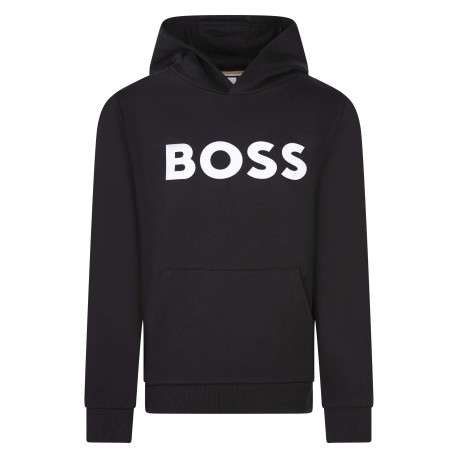 Sweat noir uni avec un col à capuche et un logo sur le torse