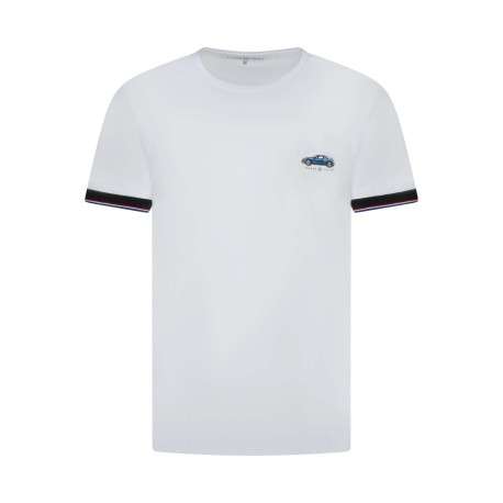 T-shirt en coton blanc uni à col rond avec une petite voiture brodée