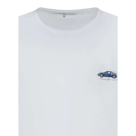 T-shirt en coton blanc uni à col rond avec une petite voiture brodée - Image 3