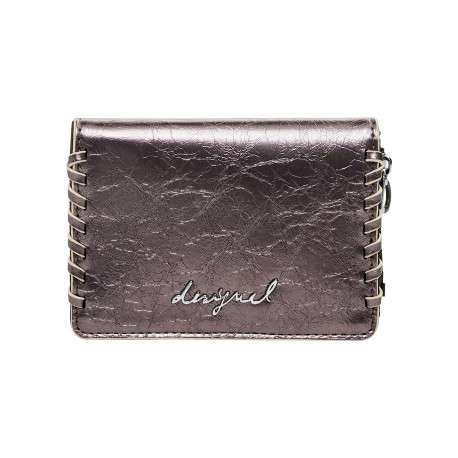 Petit porte-monnaie gris métallisé fermé par un zip et tressé sur les bords