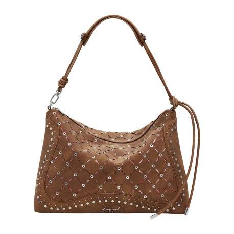 Sac porté épaule camel zippé avec des œillets et des clous décoratifs