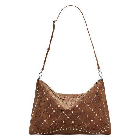 Sac porté épaule camel zippé avec des œillets et des clous décoratifs - Image 2