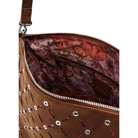 Sac porté épaule camel zippé avec des œillets et des clous décoratifs - Image 3
