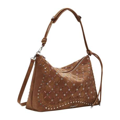 Sac porté épaule camel zippé avec des œillets et des clous décoratifs - Image 4