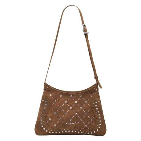 Sac à bandoulière camel zippé avec des œillets et des clous décoratifs