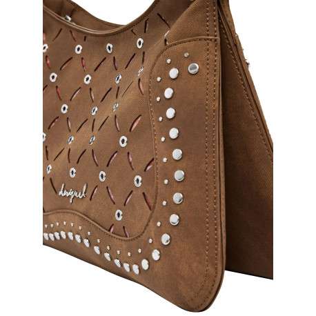 Sac à bandoulière camel zippé avec des œillets et des clous décoratifs - Image 4