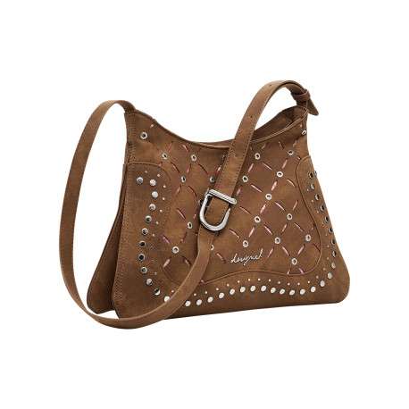 Sac à bandoulière camel zippé avec des œillets et des clous décoratifs - Image 5