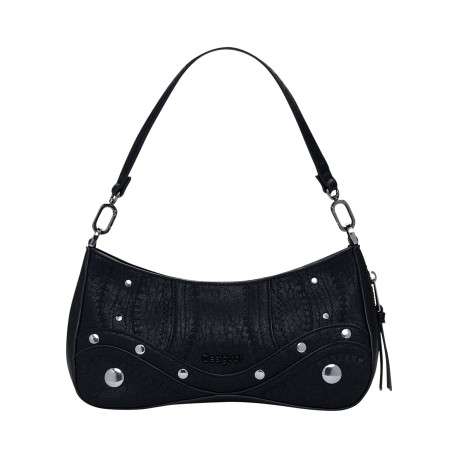 Petit sac porté épaule noir uni avec des détails brodés et des clous métalliques
