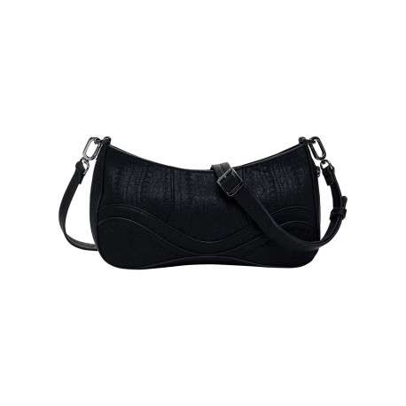 Petit sac porté épaule noir uni avec des détails brodés et des clous métalliques - Image 2