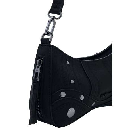 Petit sac porté épaule noir uni avec des détails brodés et des clous métalliques - Image 4