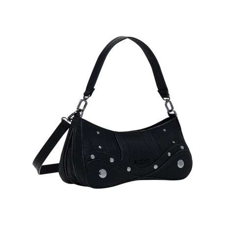 Petit sac porté épaule noir uni avec des détails brodés et des clous métalliques - Image 5