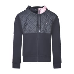 Sweat à capuche zippé en coton mélangé bleu marine bi-matière à coupe droite