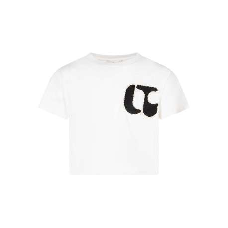 T-shirt en coton écru uni avec une coupe crop top et un col rond