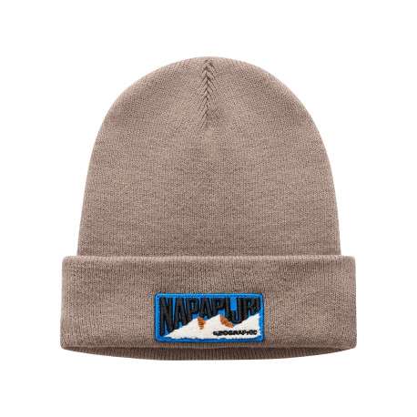Bonnet marron en maille fine avec patch iconique brodé sur le revers