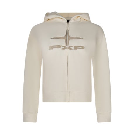 Sweat à capuche zippé en coton écru à coupe droite avec le logo brodé