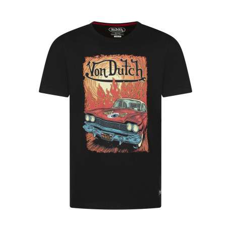 T-shirt en coton noir avec des flammes imprimées à l'avant et un col rond